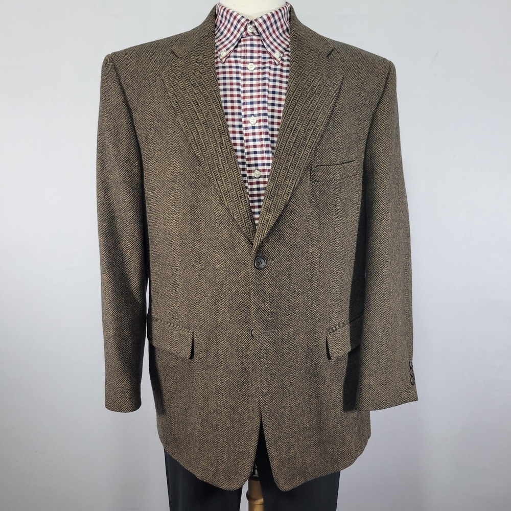 Towncraft Men's Tweed Sport Coat Blazer Two Button Brown Herringbone Wool 44R